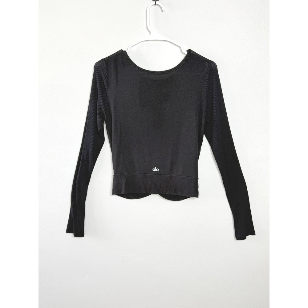 Alo Yoga Long Sleeve Top Women S Black Ribbed Twist Front Athleisure Balletcore